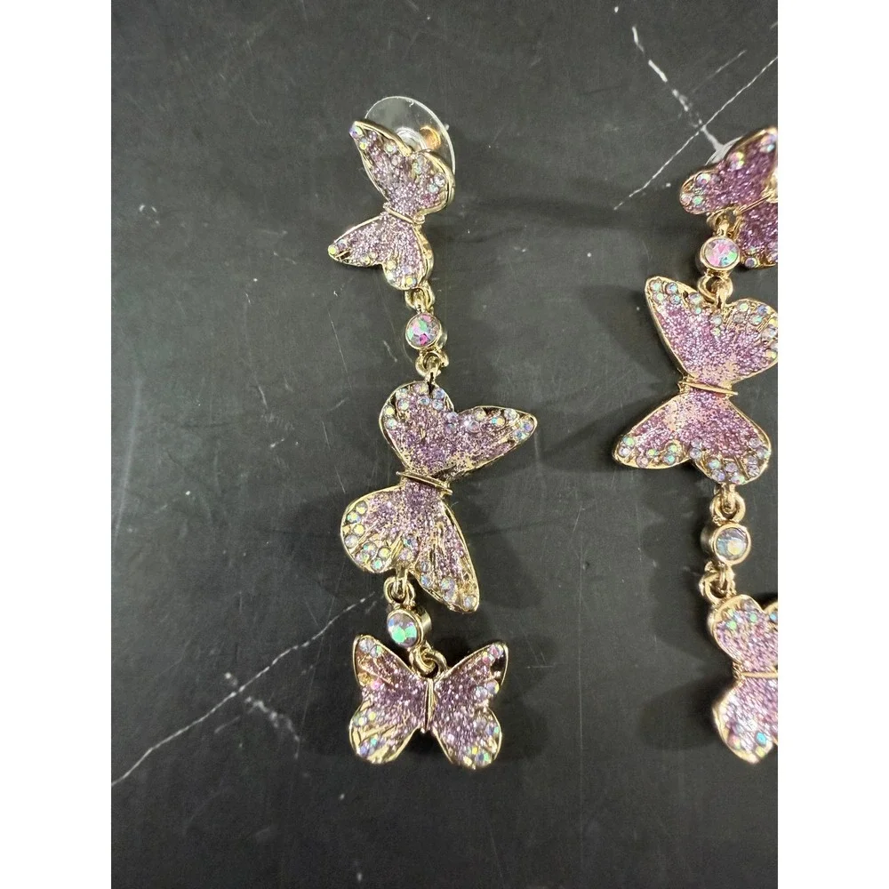 Betsey Johnson Purple Glitter Butterfly 2.5in Gold Tone Drop Earrings